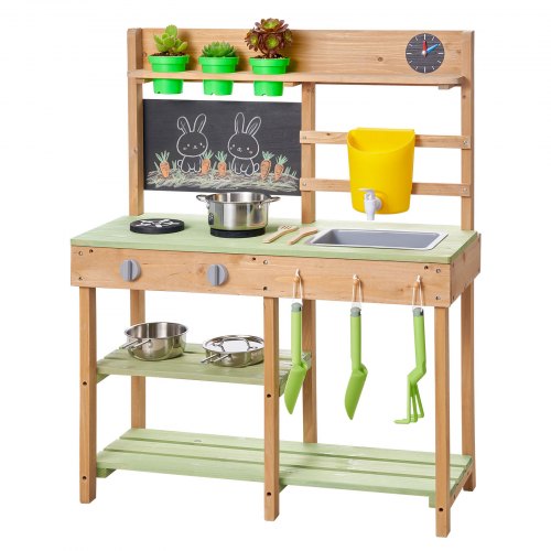 Mud Kitchen, Outdoor Mud Kitchen for Kids, Wood Outdoor Play Kitchens with Stoves, Tank, Sink, Planting Shovels, Spatulas, Box, Cookware Pots and Accessories, Wooden Play Kitchens for Home, Lawn