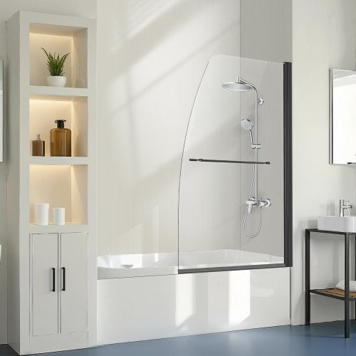 Frameless Bathtub Shower Door, 34 in. W x 55 in. H, Half?Shower?Door for Bathtub, 180¡ã Rotatable Tempered Glass Door, Half Shower Door with 1/4 in Tempered Glass Bathroom Shower Screen, Black