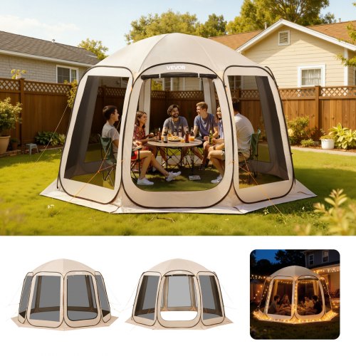 Screen House Tent, 12 x 11 ft, 10-12 Person Pop Up Screen Tent, Portable Screened in Canopy with Carry Bag, Netting Sides, Ground Stakes, for Garden, Patio, Backyard, Outdoor Activities, Beige