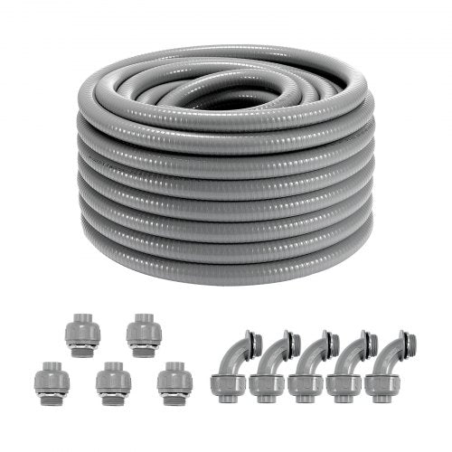 3/4-Inch Flexible Electrical Conduit, 100 ft, PVC Liquid-Tight Conduit Non-Metallic with 5 Straight and 5 90-Degree Conduit Connector Fittings, for Air Conditioning Motor Controller Pump, IP65