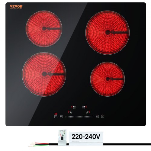 Built in Electric Stove Top, 23.2 x 20.5 inch 4 Burners, 240V Glass Radiant Cooktop with Sensor Touch Control, Timer & Child Lock Included, 9 Power Levels for Simmer Steam Slow Cook Fry