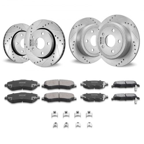 Front and Rear Brake Kit Compatible with 2007-2017 Jeep Wrangler, Drilled and Slotted Brake Rotors Ceramic Brake Pads Replacement, 11.9' Front Rotors 12.4' Rear Rotors