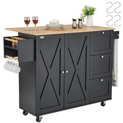 Kitchen Island Cart, 56' Wood Top Mobile Carts with Storage Cabinet, Rolling Table with Drop Leaf, Spice Rack, Towel Bar, Adjustable Shelf, Drawer, and Hooks, Portable Islands on Wheels, Black