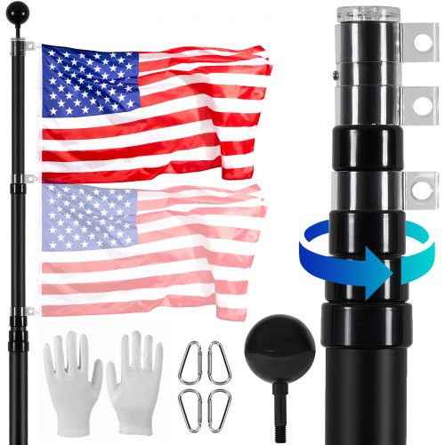 20FT Telescoping Flag pole Kit, Heavy Duty Aluminum Alloy in Ground Flag Poles for Outside, 3 Display Modes Flagpole with 3x5 American Flag, Professional Accessories, Black