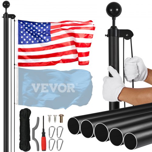 20FT Sectional Flag pole Kit, Heavy Duty Aluminum Alloy in Ground Flag poles for Outside, 3 Display Modes Flagpole with 3x5 American Flag, Professional Accessories, Black