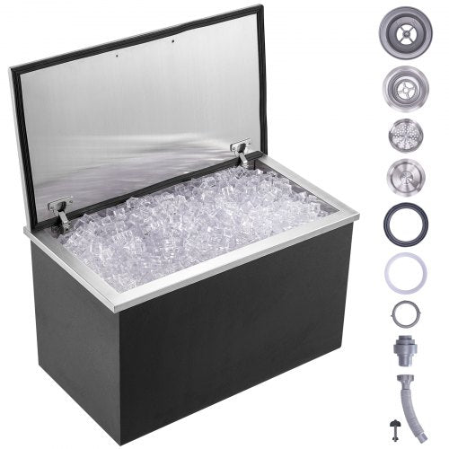 Drop in Ice Chest, 24'L x 20'W x 15'H Stainless Steel Ice Cooler, Commercial Ice Bin with Hinged Cover, 40 qt Outdoor Kitchen Ice Bar, Drain-pipe and Drain Plug Included, for Cold Wine Beer