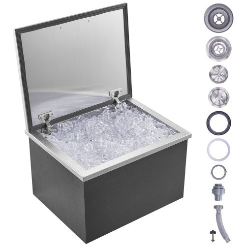 Drop in Ice Chest, 20'L x 16'W x 13'H Stainless Steel Ice Cooler, Commercial Ice Bin with Hinged Cover, 40 qt Outdoor Kitchen Ice Bar, Drain-pipe and Drain Plug Included, for Cold Wine Beer