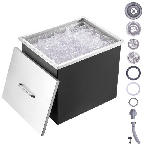 Drop in Ice Chest, 21'L x 17'W x 18'H Stainless Steel Ice Cooler, Commercial Ice Bin with Cover, 40 qt Outdoor Kitchen Ice Bar, Drain-pipe and Drain Plug Included, for Cold Wine Beer
