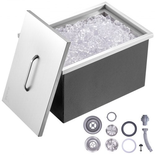 Drop in Ice Chest, 22'L x 17'W x 12'H Stainless Steel Ice Cooler, Commercial Ice Bin with Cover, 40 qt Outdoor Kitchen Ice Bar, Drain-pipe and Drain Plug Included, for Cold Wine Beer