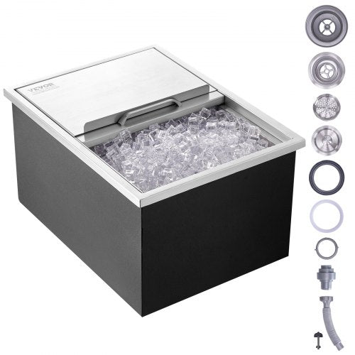 Drop in Ice Chest, 24'L x 18'W x 13'H Stainless Steel Ice Cooler, Commercial Ice Bin with Sliding Cover, 40.9 qt Outdoor Kitchen Ice Bar, Drain-pipe and Drain Plug Included, for Cold Wine Beer