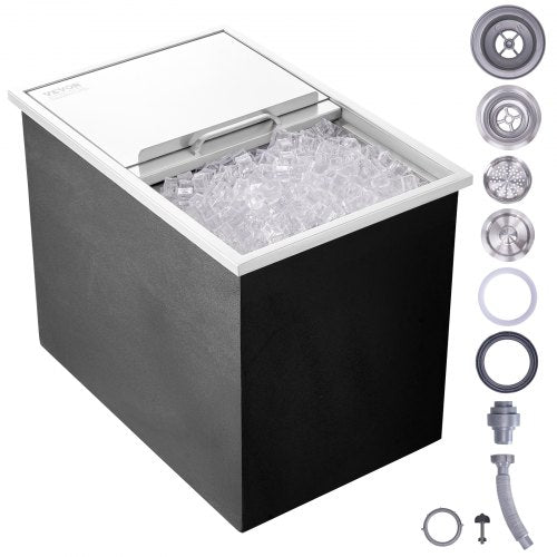 Drop in Ice Chest, 27'L x 18'W x 21'H Stainless Steel Ice Cooler, Commercial Ice Bin with Sliding Cover, 40.9 qt Outdoor Kitchen Ice Bar, Drain-pipe and Drain Plug Included, for Cold Wine Beer