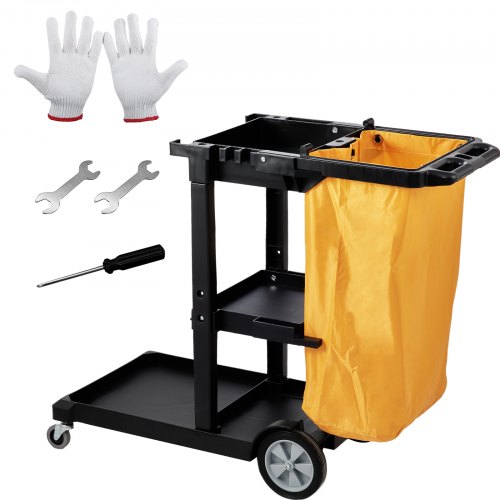 Cleaning Cart, 3-Shelf Commercial Janitorial Cart, 200 lbs Capacity Plastic Housekeeping Cart, with 25 Gallon PVC Bag, 47 x 20 x 38.6in, Yellow & Black