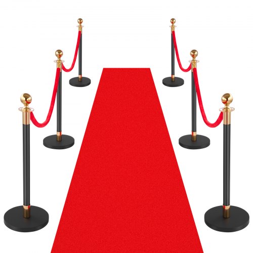 Stanchion Post, 6 Pcs Crowd Control Barrier Set with Red Carpet, 4 Red Velvet Ropes, Stainless Steel Gold Stanchion Post Queue with Hollow Base for Theater, Party, Wedding, Exhibition (Black)