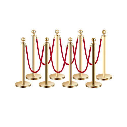 Stanchions and Velvet Ropes 8Pcs, Hollow Base with Stainless Steel Post, 6 Red Velvet Ropes and Posts, Crowd Control Barriers Gold Stanchions, Red Carpet Runner Poles for Party Supplies