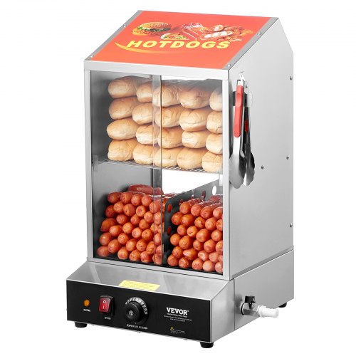 Hot Dog Steamer, 39QT, 2-Tier Hot Dog Hut Steamer, 86¨H~185¨H Temperature Control, Electric Bun Warmer with Tempered Glass Slide Doors Partition Plate Tong, Stainless Steel, for Hot Dogs & Buns