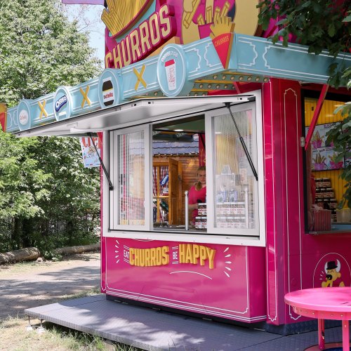 53'x33' Service Window, Aluminum Food Truck Serving Window with 4 Sliding Panels, Awning Door & Hook, Opens to 85 Degrees for Concession Trailers