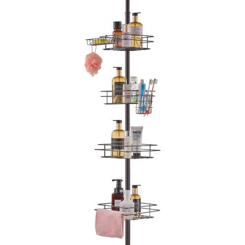 Shower Corner Caddy Tension Pole, 42' to 114' High, Multi-Functional Shower Tension Pole with Strong Load-Bearing Tray, Rust-Proof Easy-to-Install Tension Pole, Fit for Bathroom & Washroom