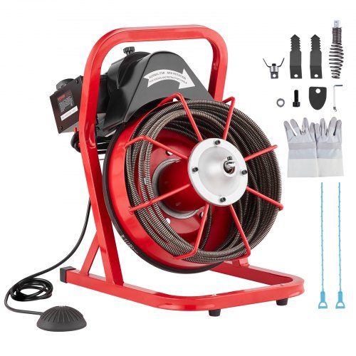 Drain Cleaner Machine 50FT x 3/8 Inch, Sewer Snake Auger Manual Feed, 250W Electric Drain Cleaning Machine with 4 Cutters & Air-activated Foot Switch for 2' to 4' Pipes