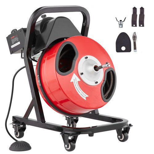 Drain Cleaner Machine 50FT x 1/2 Inch, Manual Feed Sewer Snake Auger - with Wheels, 4 Cutters & Air-activated Foot Switch for 2' to 4' Pipes