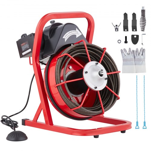 Drain Cleaner Machine 75FT x 3/8 Inch, Sewer Snake Auger Manual Feed, 250W Electric Drain Cleaning Machine with 4 Cutters & Air-activated Foot Switch for 2' to 4' Pipes