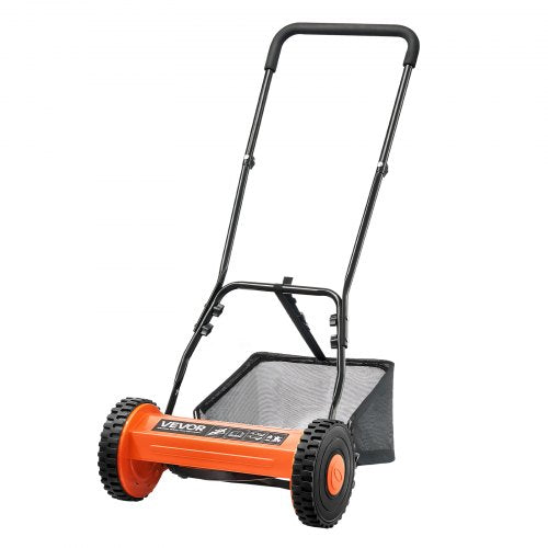 Push Reel Lawn Mower 16 inch, 5 Blades Manual Push Mower No Motor, 0.6-1.75 in Adjustable Cutting Height, Walk-Behind Lawn Mowers with Grass Catcher Bag for Green Lawns, Driveways, Courtyards