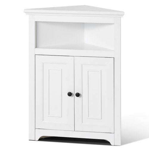 32' Corner Storage Cabinet, 3 Tiers Small Storage Cabinet with 2 Wooden Doors & Adjustable Shelves, Freestanding Corner Kitchen Cabinet for Living Room, Kitchen, Laundry Room, Bathroom, White