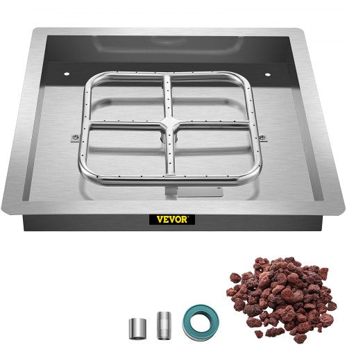 VEVOR Drop in Fire Pit Pan, 18 x 18 Square Fire Pit Burner, Stainless Steel Gas Fire Pan, Fire Pit Burner Pan w/ 1 Pack Volcanic Rock Fire Pit Insert w/ 90K BTU for Keeping Warm w/ Family & Friends