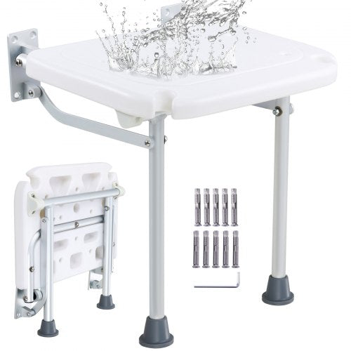 Folding PE Shower Seat, 15.7'' x 14.8'' Unfolded, Wall Mounted Fold Up Shower Bench with 500 lbs Load Capacity, Space Saving Fold Down Shower Chair for Seniors Pregnant Women Children Adults