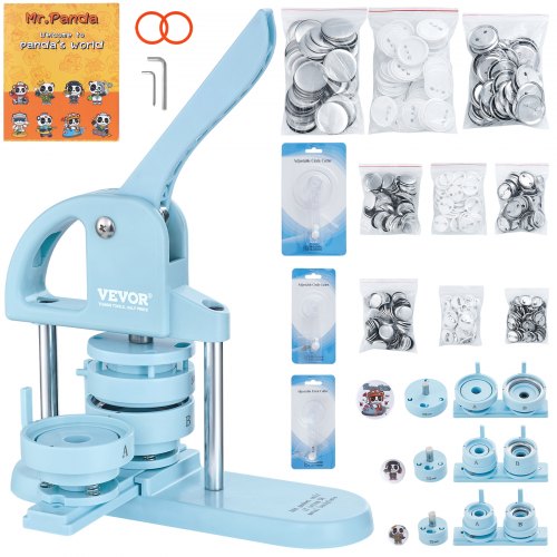 3-IN-1 Button Maker, 1/1.25/2.28 inch(25/32/58mm) Pin Maker, 300pcs Button Parts, Button Maker Machine with Panda Magic Book, Ergonomic Arc Handle Punch Press Kit, For Children DIY Gifts, Blue