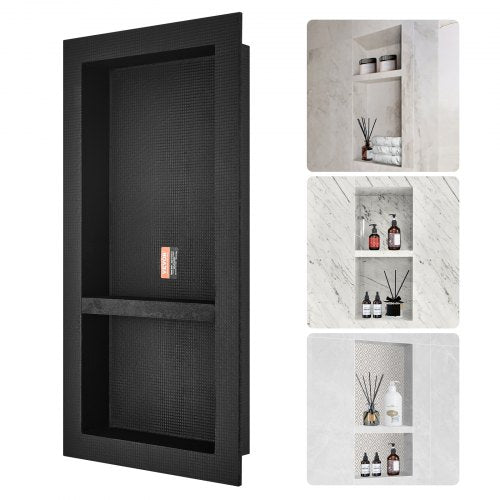 Shower Niche Ready for Tile 16' x 32', Double Shelf Organizer, Square Corners Wall-inserted Niche Recessed, Sealed Protection Modern Soap Storage Niche for Shower Bathroom, Black