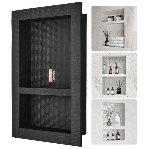 Shower Niche Ready for Tile 16' x 24', Double Shelf Organizer, Square Corners Wall-inserted Niche Recessed, Sealed Protection Modern Soap Storage Niche for Shower Bathroom, Black