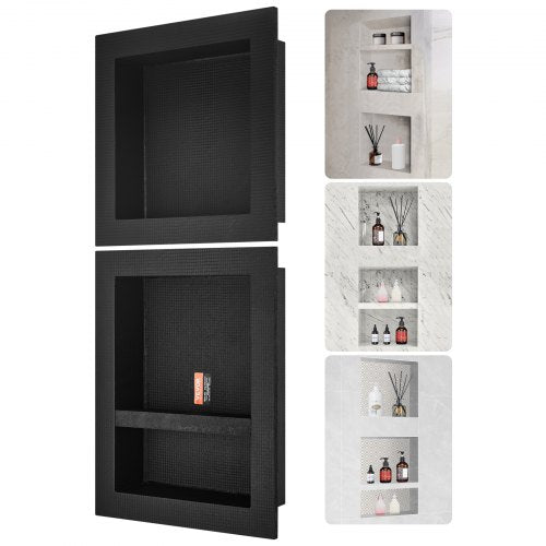 Shower Niche Ready for Tile 16' x 16' & 16' x 20', Triple Shelf Organizer, Square Corners Wall-inserted Niche Recessed, Sealed Protection Modern Soap Storage Niche for Shower Bathroom, Black