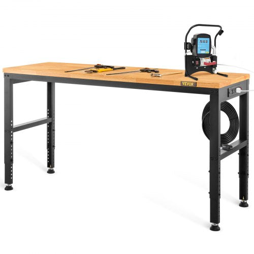 VEVOR Workbench Adjustable Height, 48 L X 20 W X 38.1 H Garage Table w/ 28.3 - 38.1 Heights & 2000 LBS Load Capacity, with Power Outlets & Hardwood Top & Metal Frame & Foot Pads, for Office Home