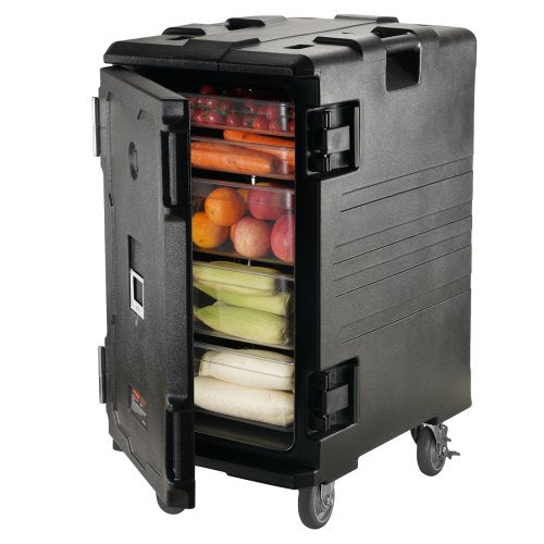 Insulated Food Pan Carrier, 109 Qt Hot Box for Catering, LLDPE Food Box Carrier with Double Buckles, Front Loading Food Warmer with Handles, End Loader with Wheels for Restaurant, Canteen, etc.