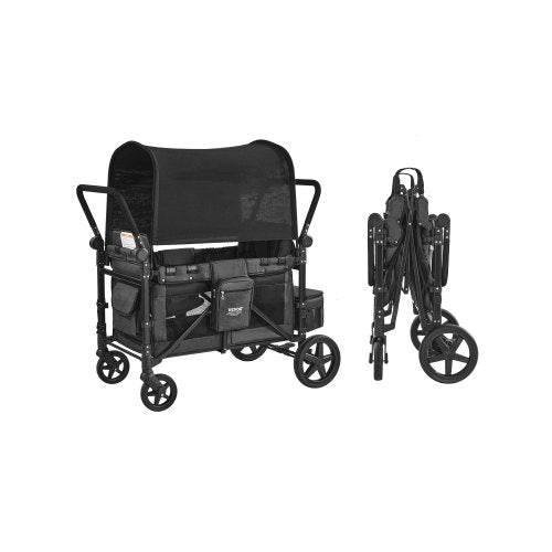 Wagon Stroller for 4 Kids, Push Pull Quad Collapsible Stroller with Adjustable Handle, Safety Harness & Removable Canopy, 4-Seater Stroller Wagon for Camping, Dark Gray & Black (330LBS Loading)