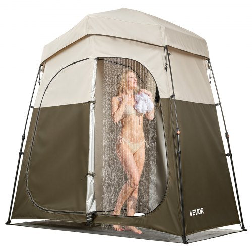 Camping Shower Tent, 2-Room Foldable Portable Privacy Tent Changing Room with Ground Stakes, Ropes, and Carry Bag, 150D Oxford Fabric with Silver Coating, for Camping, Beach, and Fishing