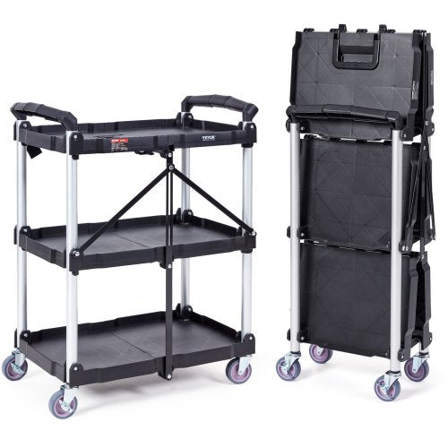 VEVOR Foldable Utility Service Cart, 3 Shelf 165LBS Heavy Duty Plastic Rolling Cart with Lockable Wheels, Ergonomic Handle, Portable Garage Tool Cart for Warehouse/Office/Home(25.62x15.43x32.76)