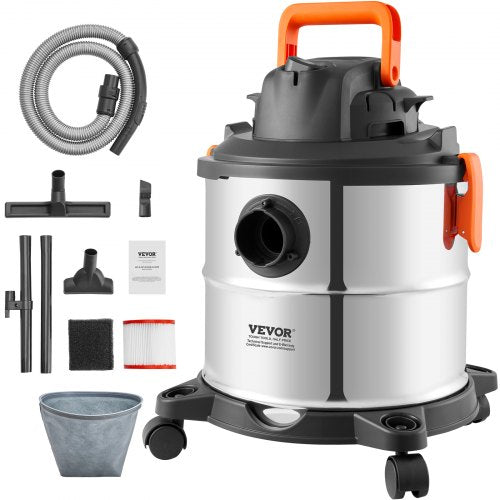 Stainless Steel Wet Dry Shop Vacuum, 5.5 Gallon 6 Peak HP Wet/Dry Vac, Powerful Suction with Blower Function w/ Attachment 2-in-1 Crevice Nozzle, Small Vac Perfect for Carpet Debris, Pet Hair