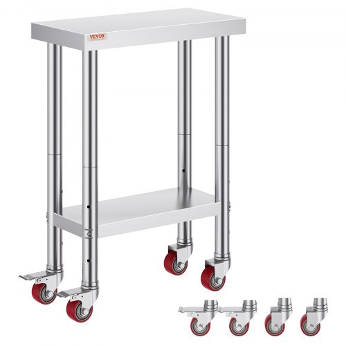 Stainless Steel Work Table 12 x 24 x 34 Inch, 700 LBS Load Capacity with 4 Wheels, 3 Adjustable Height Levels, Heavy Duty Food Prep Worktable for Commercial Kitchen Restaurant, Silver