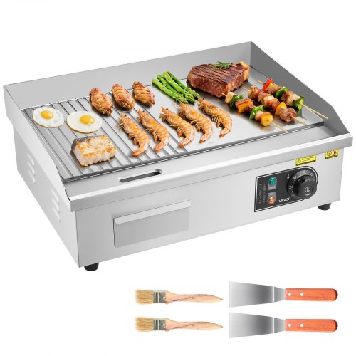 Commercial Electric Griddle, 21.06 x 11.81 inch, 1750W, 122-570¡ãF Adjustable Temp Control, Stainless Steel Body, Half Grooved Half Flat, with 2 Spatulas, 2 Brushes, and 4 Foot Pads, for Steak