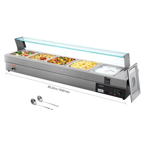 60QT Commercial Food Warmer, 5-Pan Electric Steam Table with Glass Cover, 1500W Countertop Stainless Steel Buffet Bain Marie with 86-185¡ãF Temp Control for Catering, Buffet, Parties, Restaurants