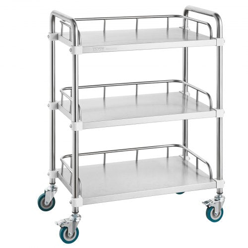 Lab Rolling Cart, 3-Shelf Stainless Steel Rolling Cart, Lab Serving Cart with Swivel Casters, Dental Utility Cart for Clinic, Lab, Hospital, Salon, 26.38'x15.55'x34.13'
