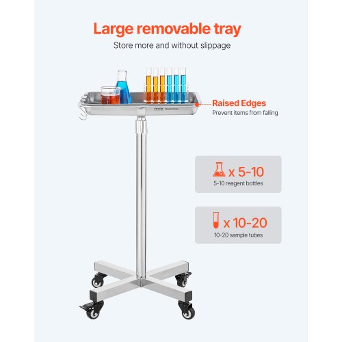 Mayo Stand, Stainless Steel Mayo Tray, Load Capacity up to 35 lbs, Adjustable Height 25.2'-39.8', Medical Tray on Wheels with Removable Tray for Spa, Salon, Clinic, Personal Care