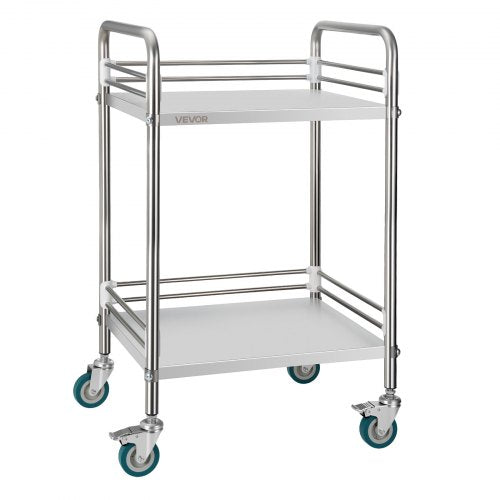 Stainless Steel Cart, 2-Tier Rolling Lab Utility Cart with Lockable Wheels, Medical Serving Trolley Clinic Tray, Heavy Duty Mobile Service Storage Tray for Hospital, Restaurant, Kitchen, Salon