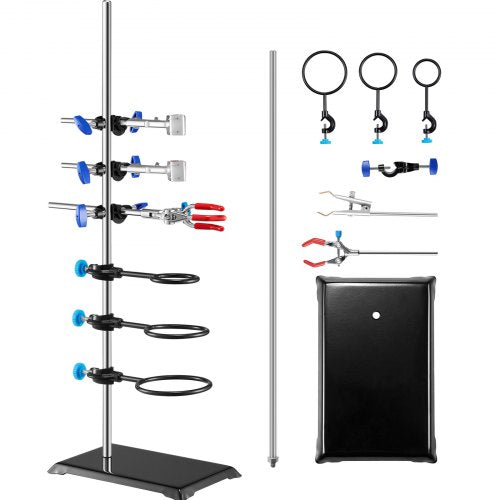Lab Stand Support, Laboratory Retort Support Stand Set, Steel Lab Stand 23.6' Rod and 8.3' x 5.3' Cast Iron Base, Includes Flask Clamps, a Burette Clamp and Cross Clamps