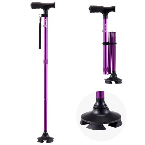 Walking Cane for Man Woman, Folding Walking Stick with 8-Level Adjustable Height, 4-Pronged Pivoting Base, Lightweight & Portable Aluminum Mobility Aid for Senior Adults, 250LBS Loading (Purple)