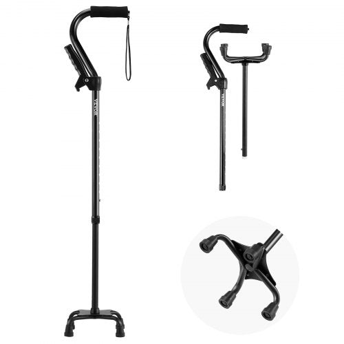 Quad Walking Cane, 10-Level Height Adjustable Walking Stick with 4-Pronged Stable Base, Lightweight & Portable Aluminum Mobility Walking Aid for Seniors Adults Man Woman, 250LBS Loading Capacity