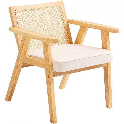 Mid Century Modern Rattan Chair, Upholstered Velvet Accent Chair with Rattan Back, Retro Living Room Chair for Living Room, Bedroom, Reading Room, and Office, Beige