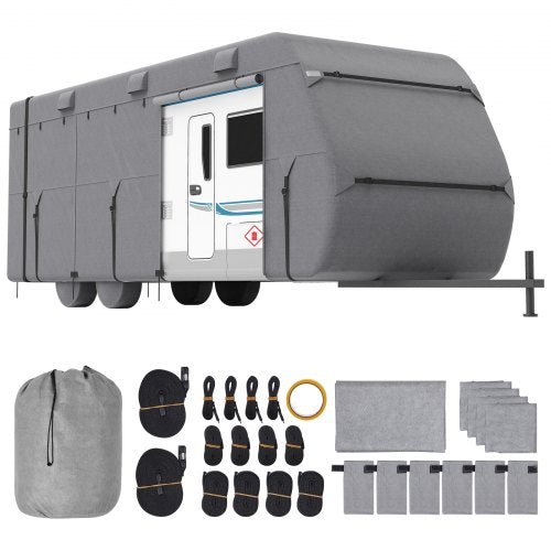 Travel Trailer Cover, 24-27 ft RV Cover, 4-Layer Non-Woven Fabric Camper Cover, Waterproof, Windproof and Rip-Stop Class A RV Cover, with Storage Bag, Repair Patches, Straps and Tire Covers