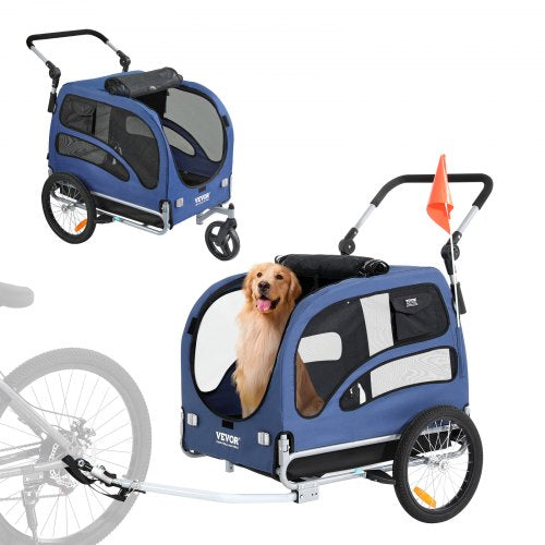 Dog Bike Trailer, Supports up to 100 lbs, 2-in-1 Pet Stroller Cart Bicycle Carrier, Easy Folding Cart Frame with Quick Release Wheels, Universal Bicycle Coupler, Reflectors, Flag, Blue/Black